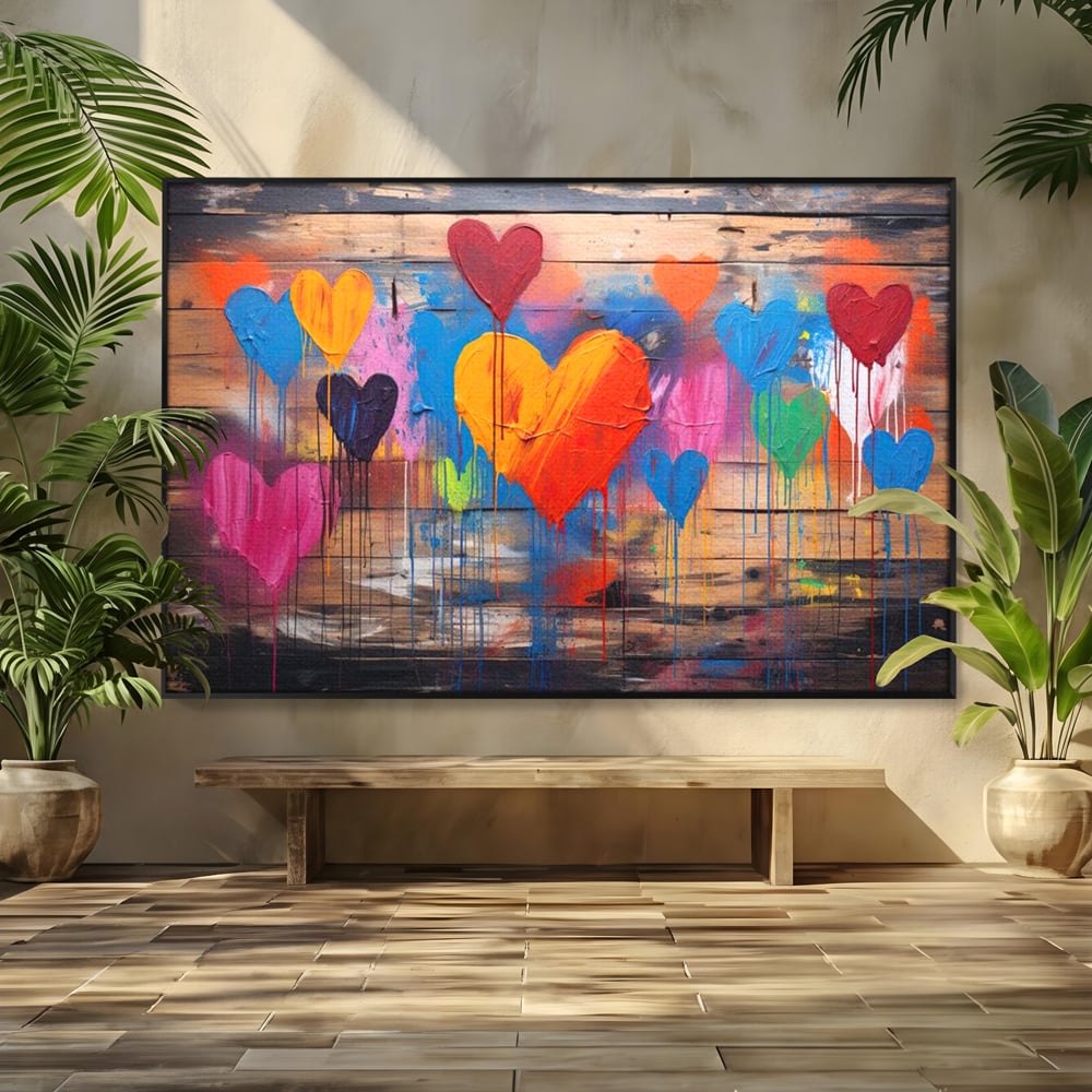 Tablou canvas cu tablou cu inimi colorate pe scanduri, in rama de aluminiu negru